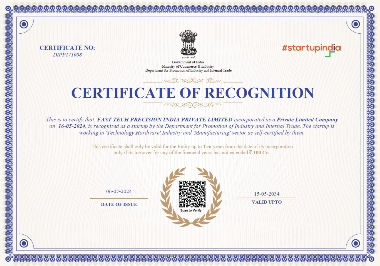 Startup India Recognition Certificate - Fast Tech Precision India